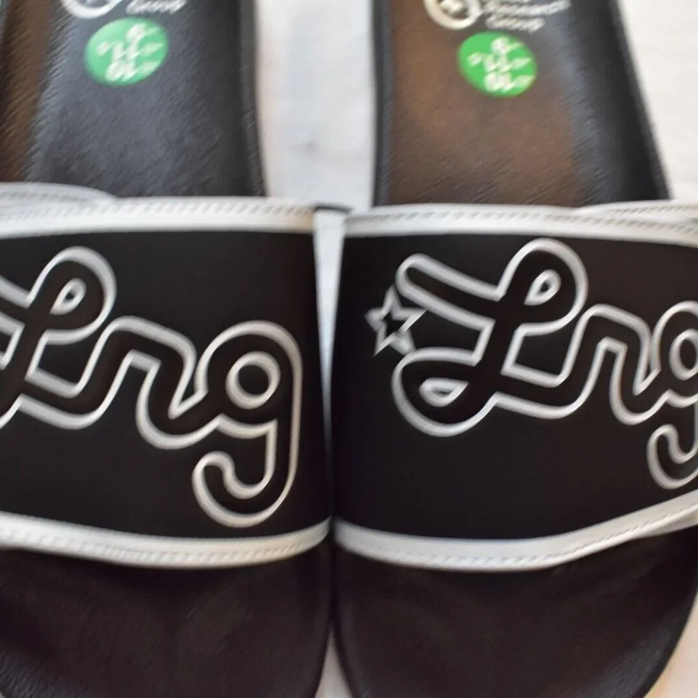 Lifted Research Group LRG Mens Cursive Logo Slides Black Sandals Shoes New 10